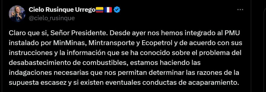 Cielo Rusinque inicia investigación escasez de combustibles - crédito @cielo_rusinque/X