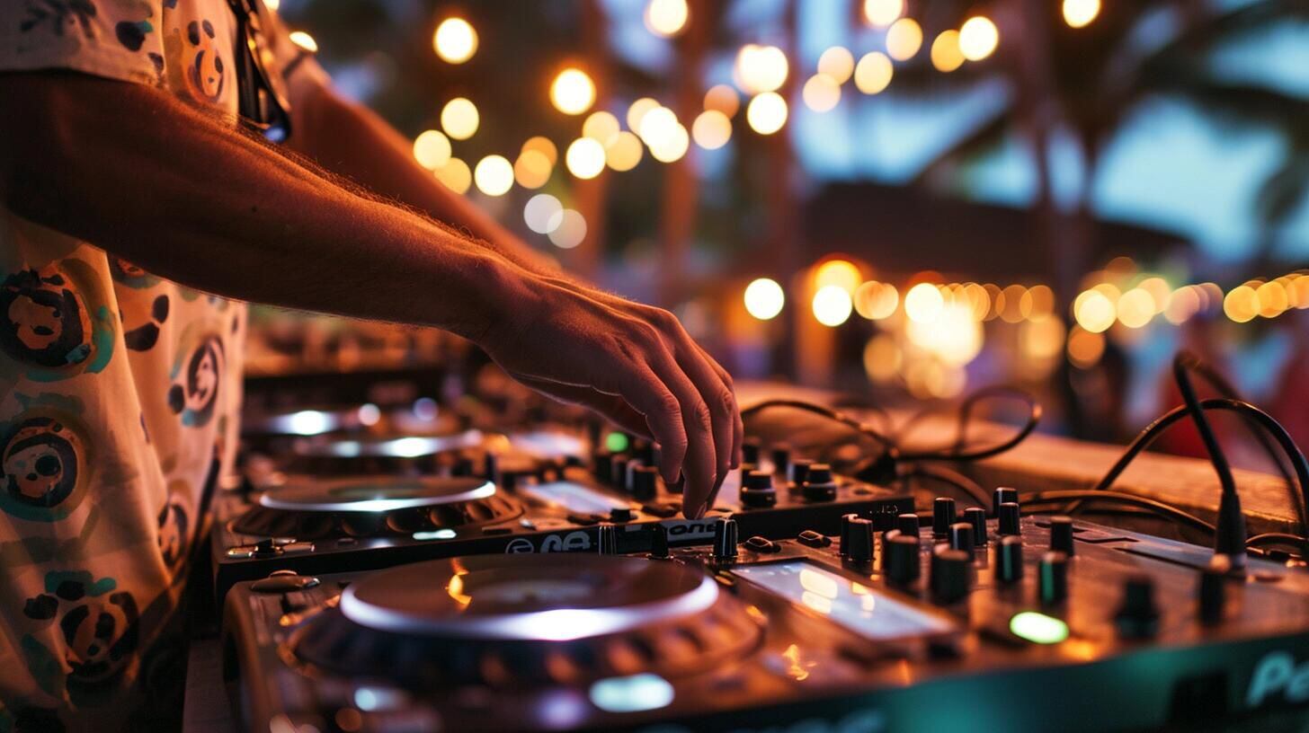 DJ en acción en la playa por la noche, mezclando música techno para un público entusiasta. La imagen refleja la energía y el espíritu de la vida nocturna en vacaciones, donde el baile y la música se convierten en parte esencial del descanso y la diversión. (Imagen ilustrativa Infobae)