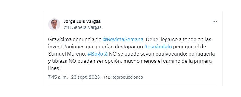 El general (r) Vargas dijo que este escándalo podría ser peor que el Carrusel de la contratación - crédito @ElGeneralVargas/X