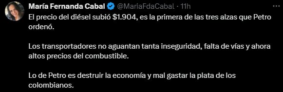 Para la congresista, el presidente busca destruir la economía nacional - crédito @MariaFdaCabal/X