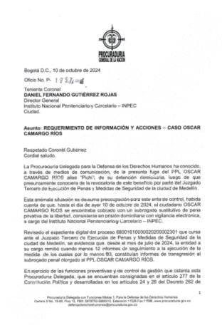 Informe de la Procuraduría General de la Nación sobre los recorridos de alias Pichi - crédito Procuraduría General de la Nación