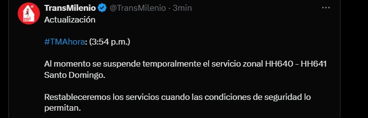 Los servicios HH640 - HH641 Santo Domingo fueron suspendidos - crédito @TransMilenio/X