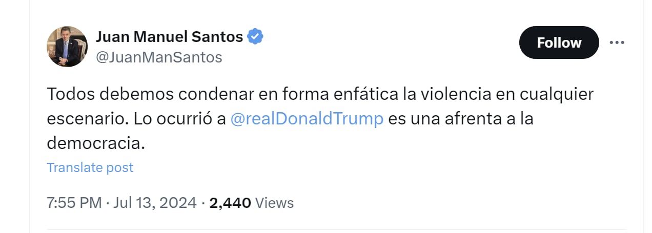 Juan Manuel Santos advirtió afrenta a la democracia por atentado contra Donald Trump - crédito @JuanManSantos/X