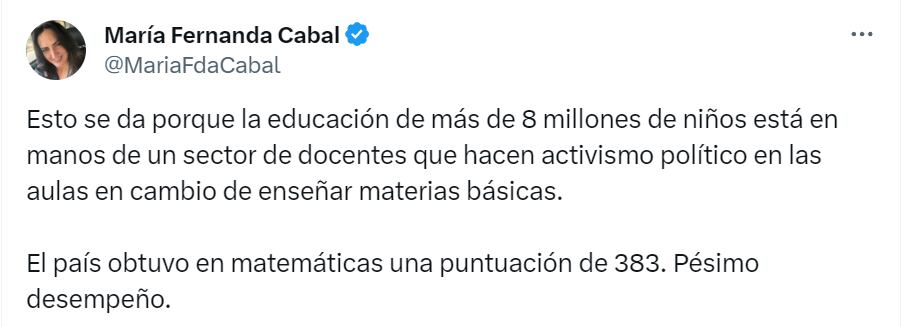 Crítica de Mafe Cabal a los docentes por bajos puntajes en Pisa 2022 - crédito @MariaFdaCabal