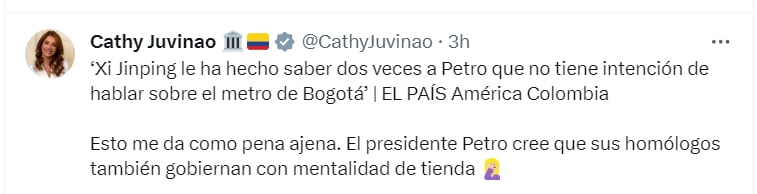 La representante a la Cámara Catherine Juviano se pronunció al respecto del encuentro entre el presidente Gustavo Petro y su homólogo de China, Xi Jinping - crédito @CathyJuvinao/X