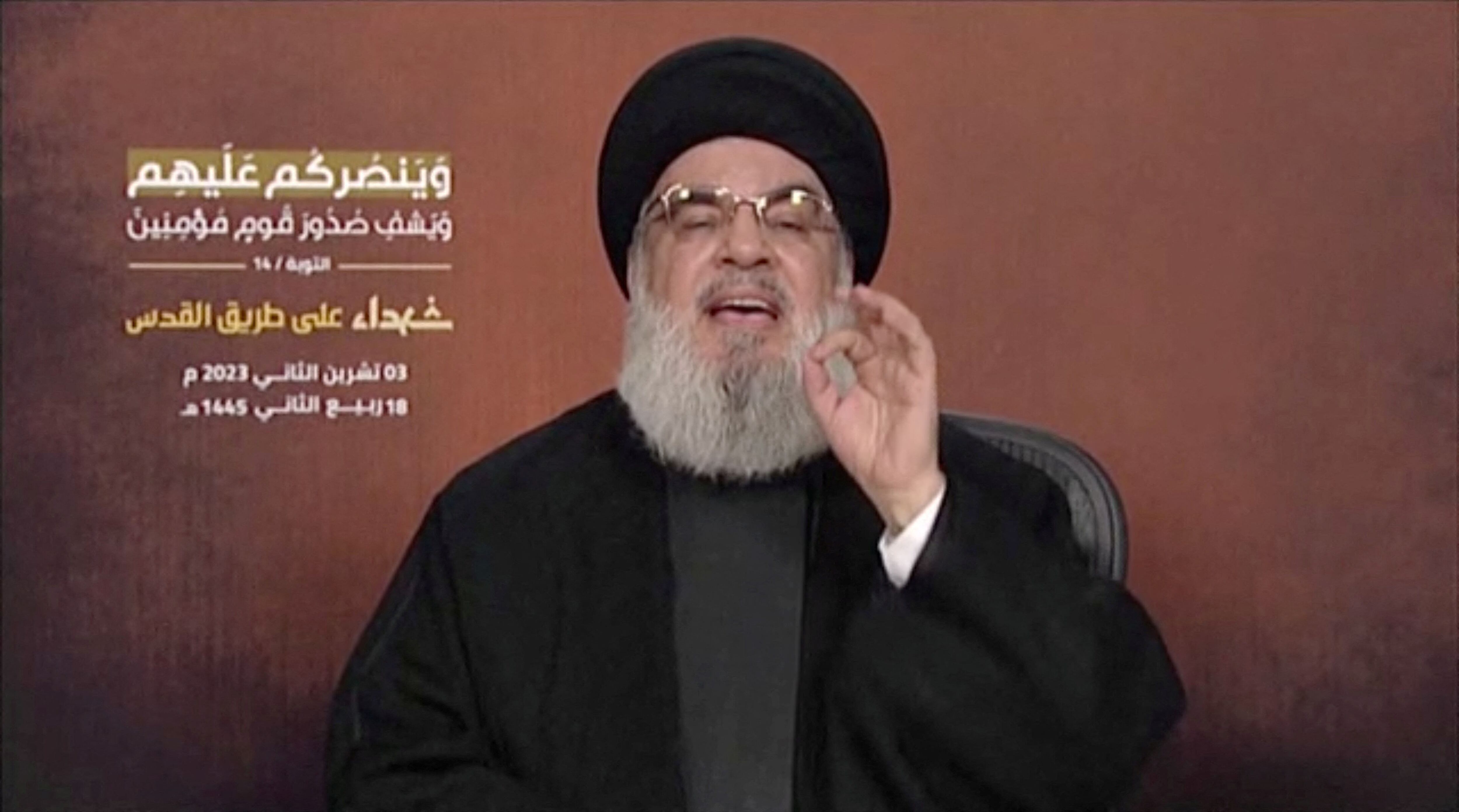 El líder de Hezbollah, Hassan Nasrallah, en un video obtenido el 3 de noviembre de 2023. Al-Manar vía REUTERS