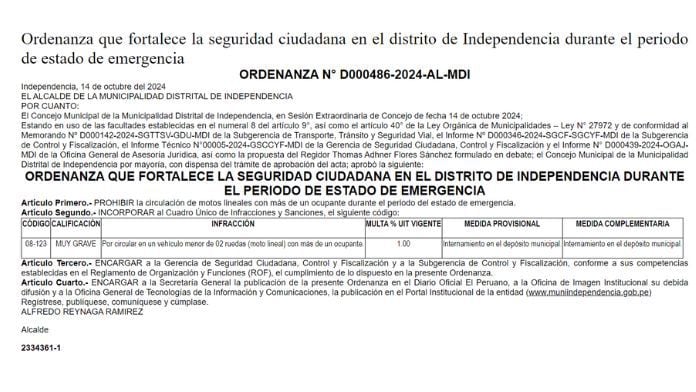 Cuatro distritos de Lima norte aprueban ordenanza que prohíbe a dos personas circular en una moto|El Peruano