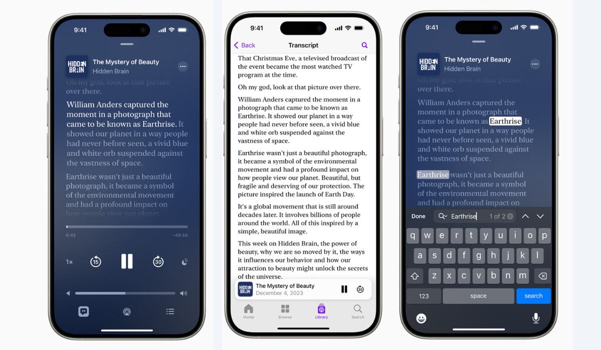 La transcripción de los podcast de Apple permitirá seleccionar palabras y frases. (Apple)