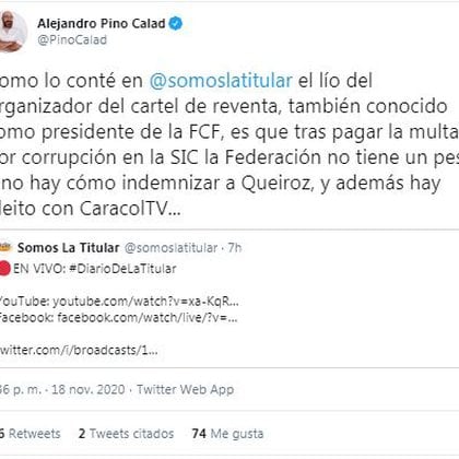 Dificultades económicas en la Federación Colombiana de Fútbol para indemnizar a Carlos Queiroz ante una eventual salida del entrenador / (Twitter: @PinoCalad)