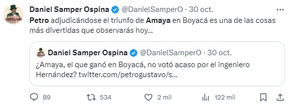 El "youtuber" y líder de opinión Daniel Samper también reaccionó en tono de burla sobre el mapa político compartido por el presidente Petro - crédito @DanielSamperO/X