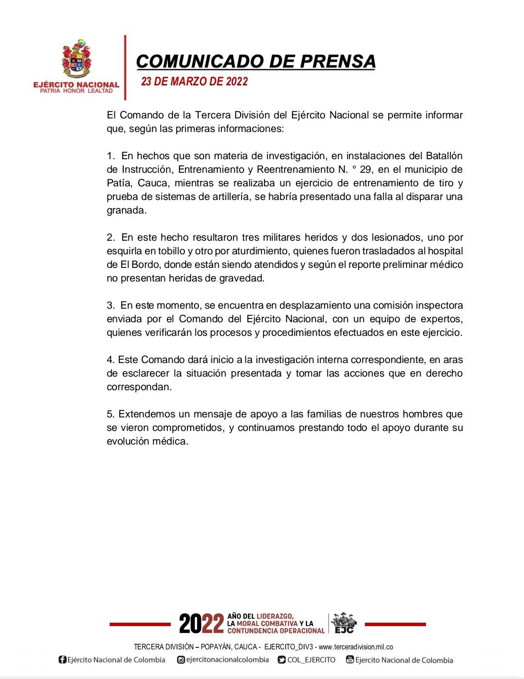 Blessé militaire Grenade Cauca