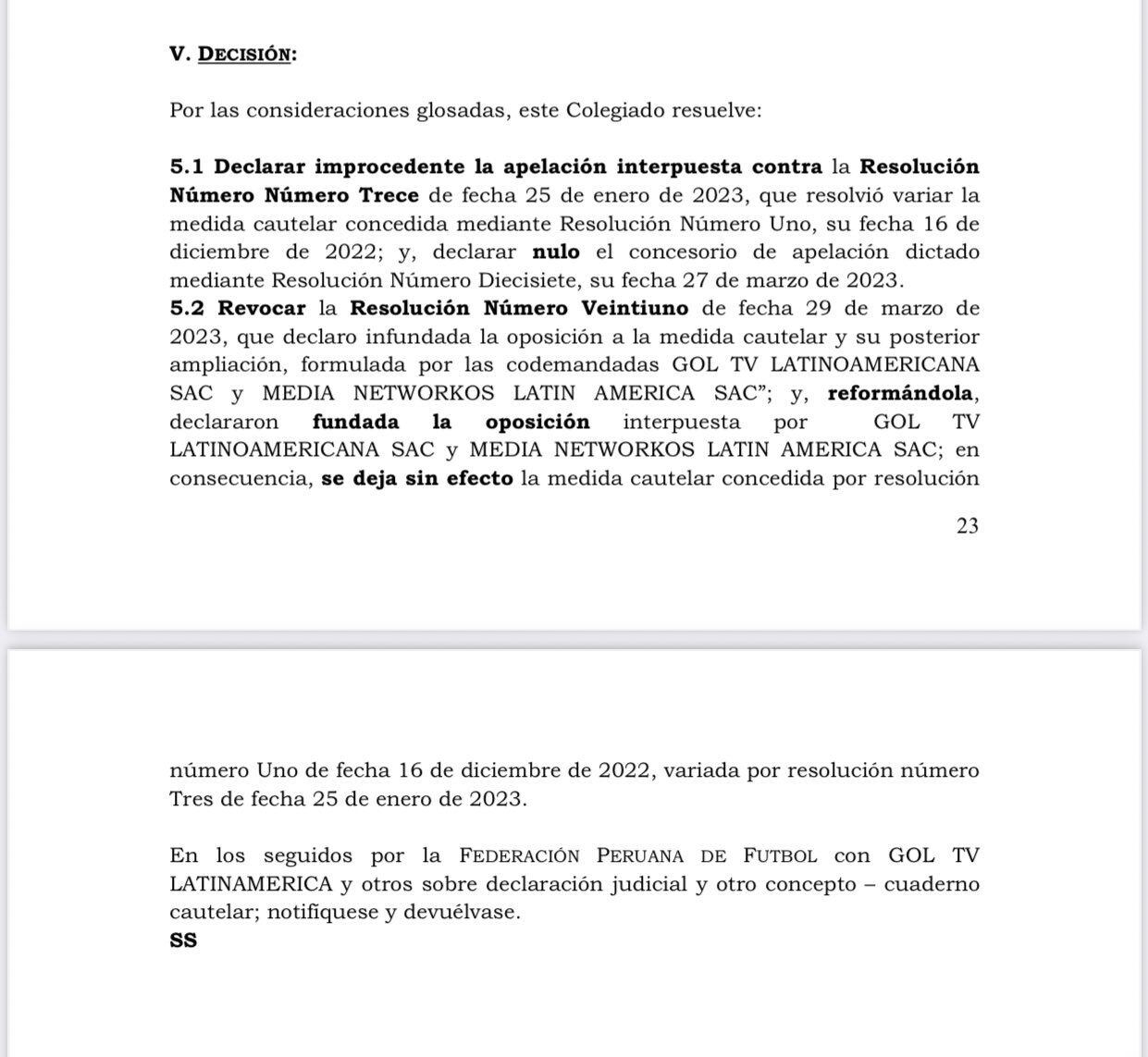 Resolución del Poder Judicial que deja sin efecto la medida cautelar a favor de la Federación