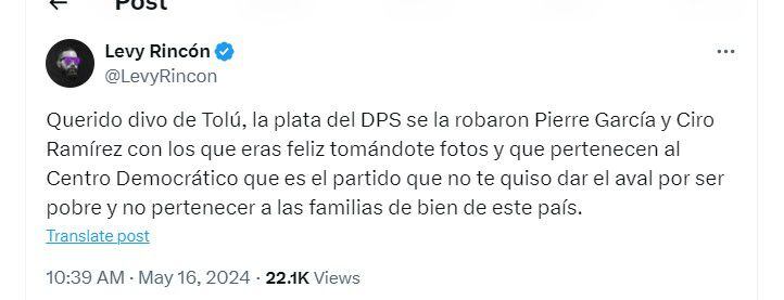 Levy Rincón le respondió a Miguel Polo Polo y lo llamó "divo de Tolú" - crédito @LevyRincon