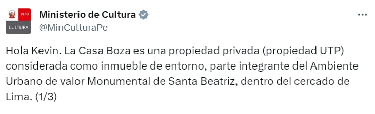 El Ministerio de Cultura justifica la demolición al señalar que la Casa Boza no cumplía con los requisitos para ser declarada "Inmueble de Valor Monumental". (Captura)