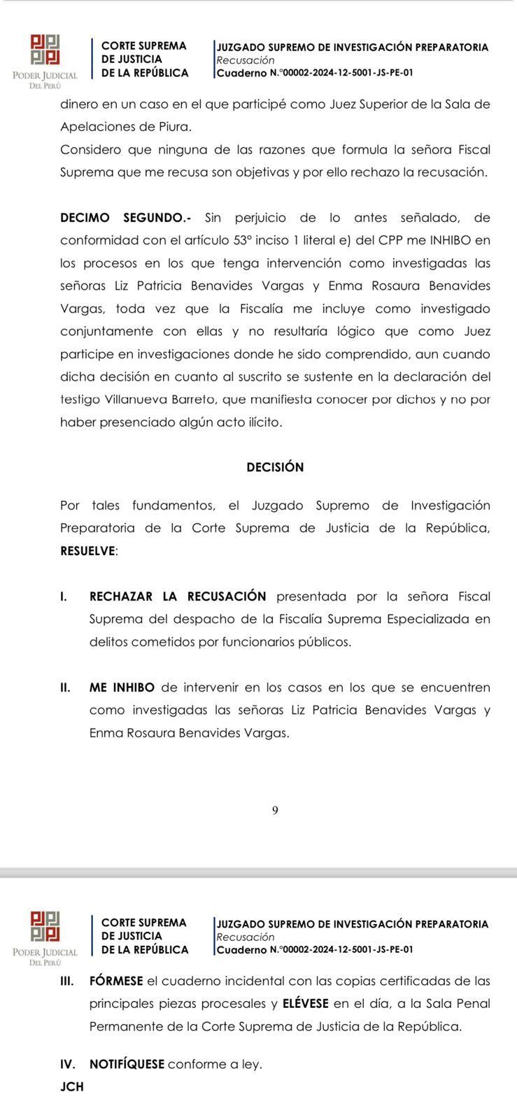 Resolución del magistrado Juan Carlos Checkley, en el que pide inhibirse de evaluar investigaciones contra Patricia y Enma Benavides.