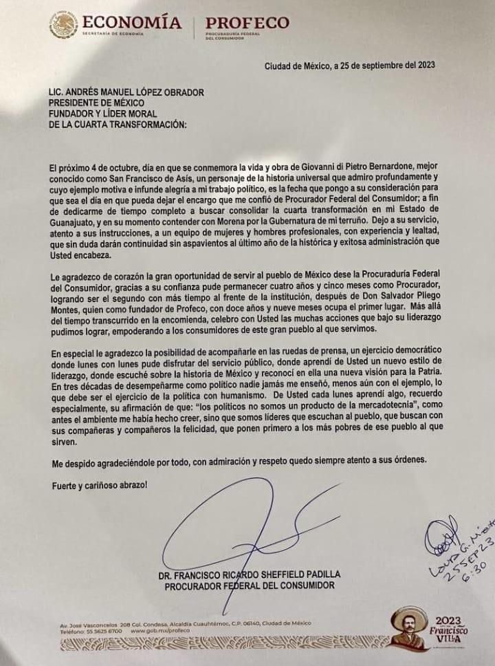 Ricardo Sheffield envió una carta a AMLO para renunciar a su cargo (Twitter/@dariocelise)