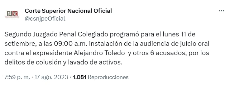 Segundo Juzgado Penal Colegiado notifica inicio de juicio oral contra Alejandro Toledo. | Corte Superior Nacional