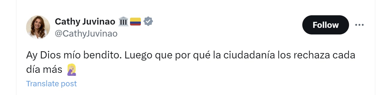 Catherine Juvinao criticó el apoyo de Ricardo Bonilla a la propuesta de Gustavo Petro de imprimir más billetes para reparar a las víctimas - crédito @CathyJuvinao/X