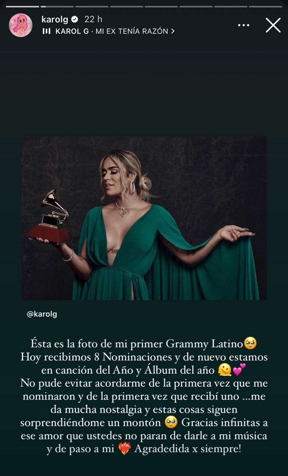 Karol G recordó el primer Grammy Latino que se llevó a casa en 2018 como 'Mejor nuevo artista' - crédito @karolg/Instagram