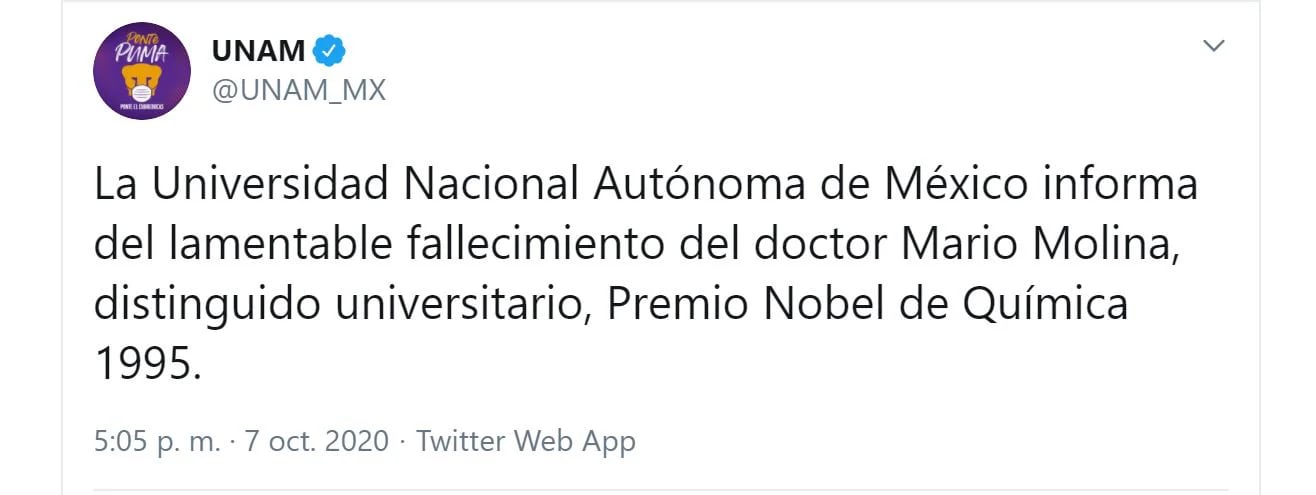 La UNAM confirmó el deceso del científico Mario Molina (Foto: Twitter / @UNAM_MX)