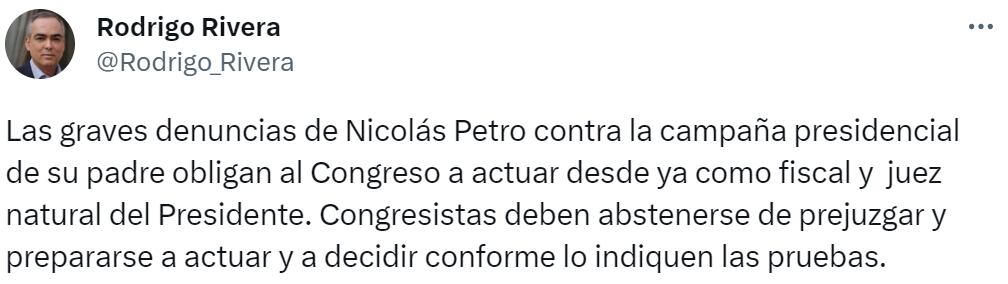 El exministro Rodrigo Rivera invitó al Congreso a actuar como fiscal y juez del presidente luego de las declaraciones de Nicolás Petro. Crédito: @Rodrigo_Rivera / Twitter