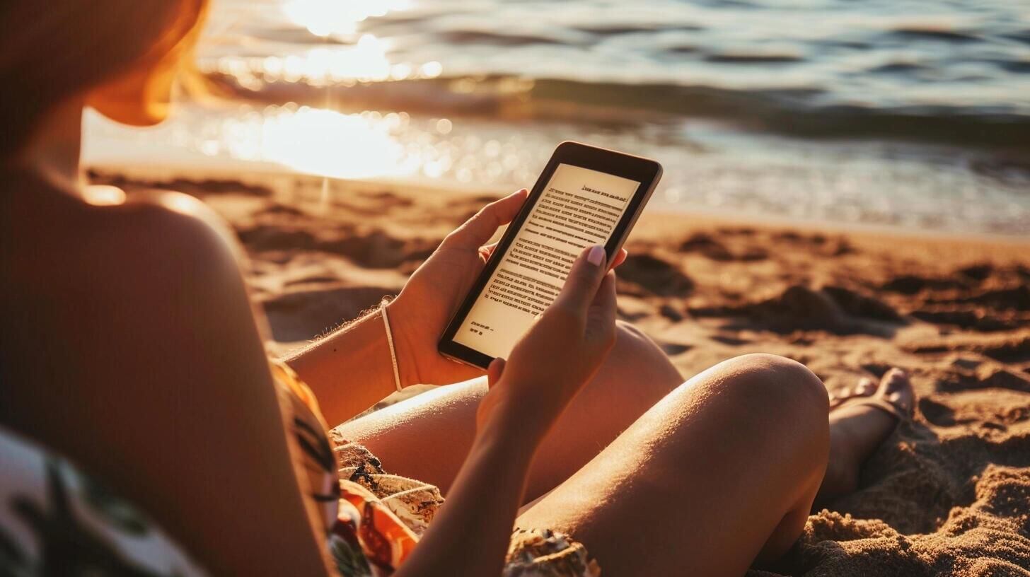 Imagen de alguien relajado en un ambiente de vacaciones, concentrado en la lectura de un libro digital en su smartphone. Destaca cómo la tecnología ha transformado la experiencia de la lectura, permitiendo acceder a una amplia gama de literatura, desde novelas hasta cuentos, en formatos digitales como ePub. La fotografía refleja la fusión de la tecnología y la cultura en la vida cotidiana. (Imagen ilustrativa Infobae)