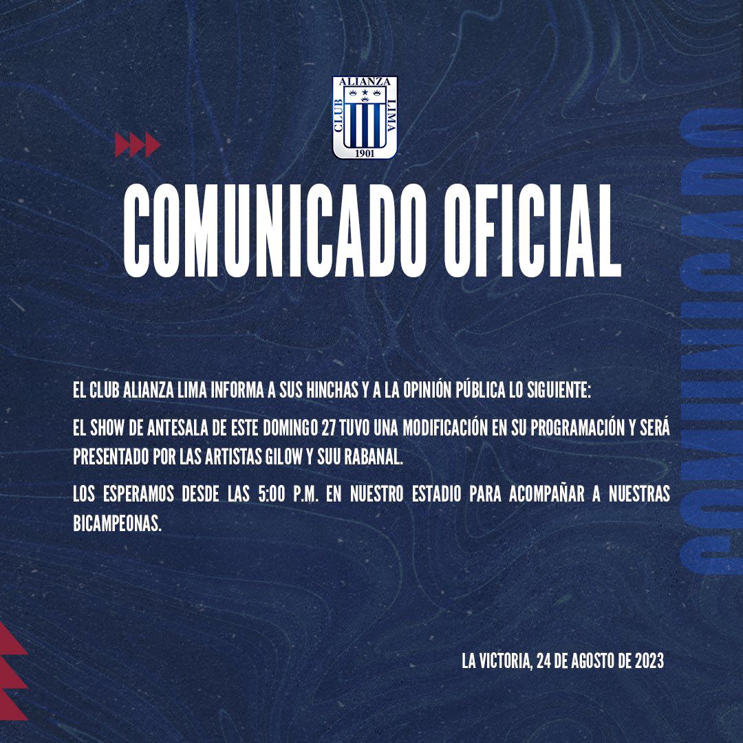 Comunicado de Alianza Lima anunciando el cambio de Yahaira Placencia por Ilow y Suu Rabanal en el show previo de la final de la Liga Femenina.