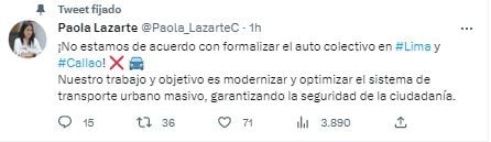 Paola Lazarte se refiere sobre formalización de taxis colectivos.