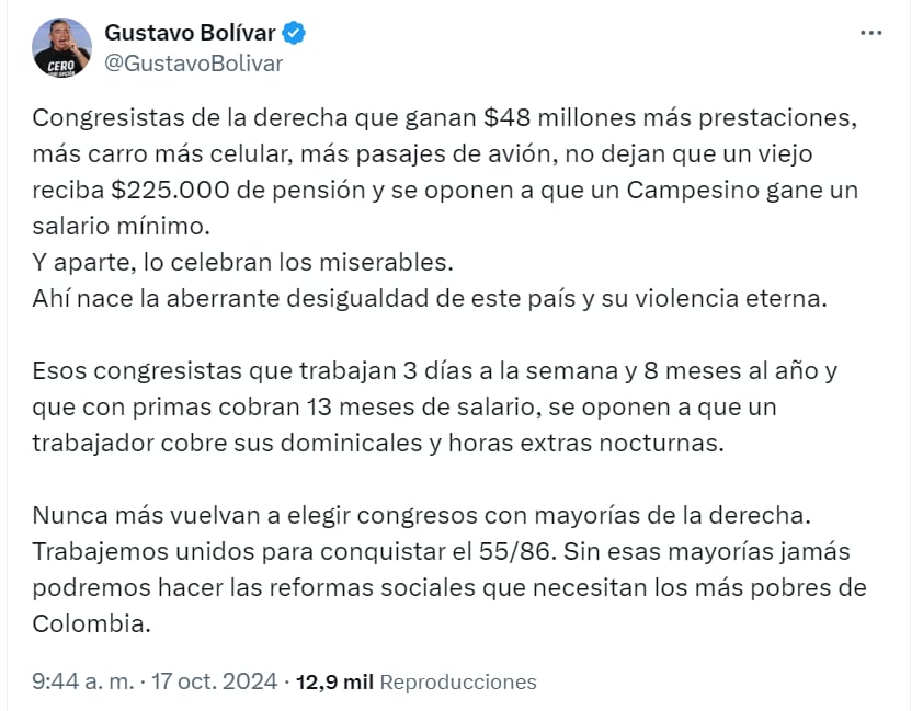 Gustavo Bolívar arremetió contra opositores de la reforma laboral - crédito X