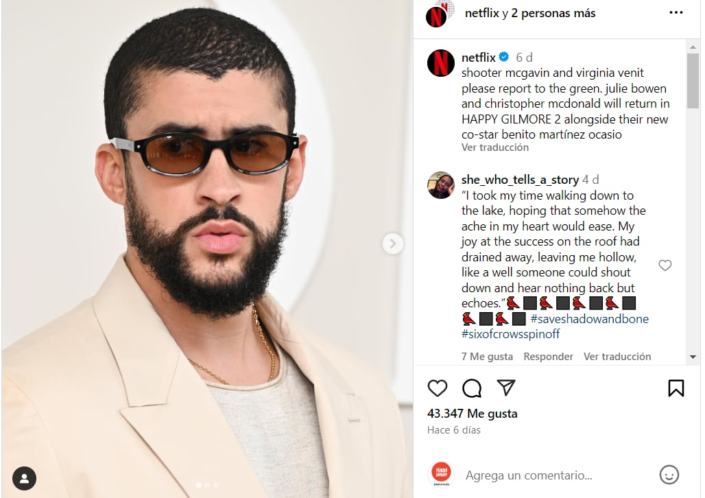 Bad Bunny fue confirmado pro Netflix para hacer parte de 'Happy Gilmore' junto a Adam Sandler y Travis Kelce - crédito @netflix/Instagram