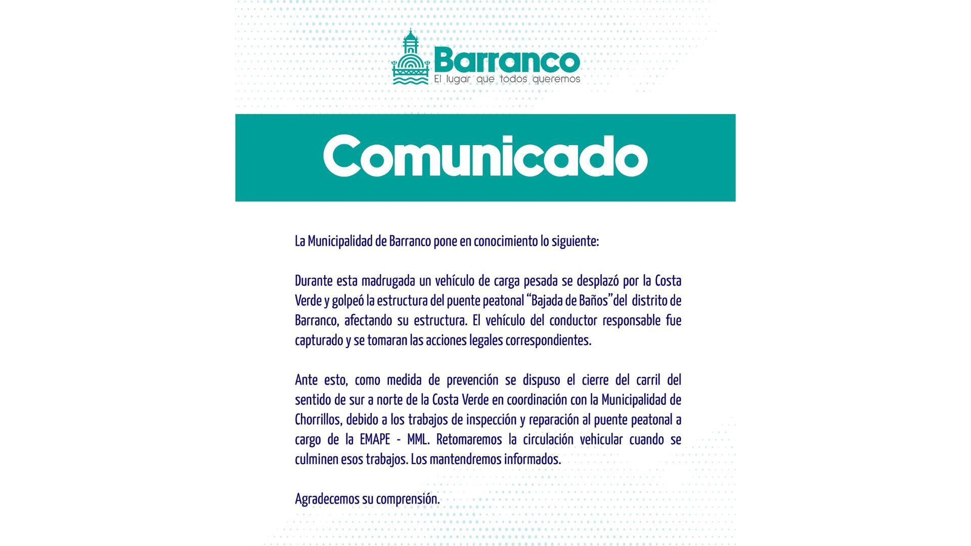 Comunicado de la municipalidad de Barranco