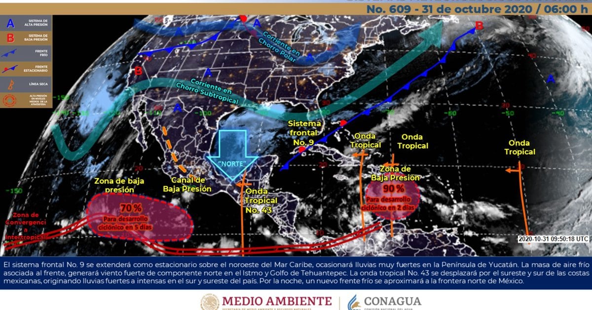 Ciclón se desarrolla cerca de Quintana Roo, otro en el Pacífico y frente frío llegará al norte