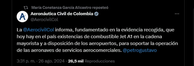 La Aeronáutica confirmó que sí hay combustible para aviones en el país - crédito @AerocivilCol/X