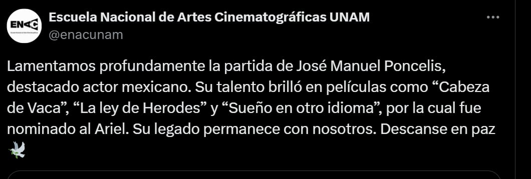 La ENAC se une a la pena nacional por la pérdida de este gran actor, y reconoce su contribución invaluable al cine mexicano. / @enacunam