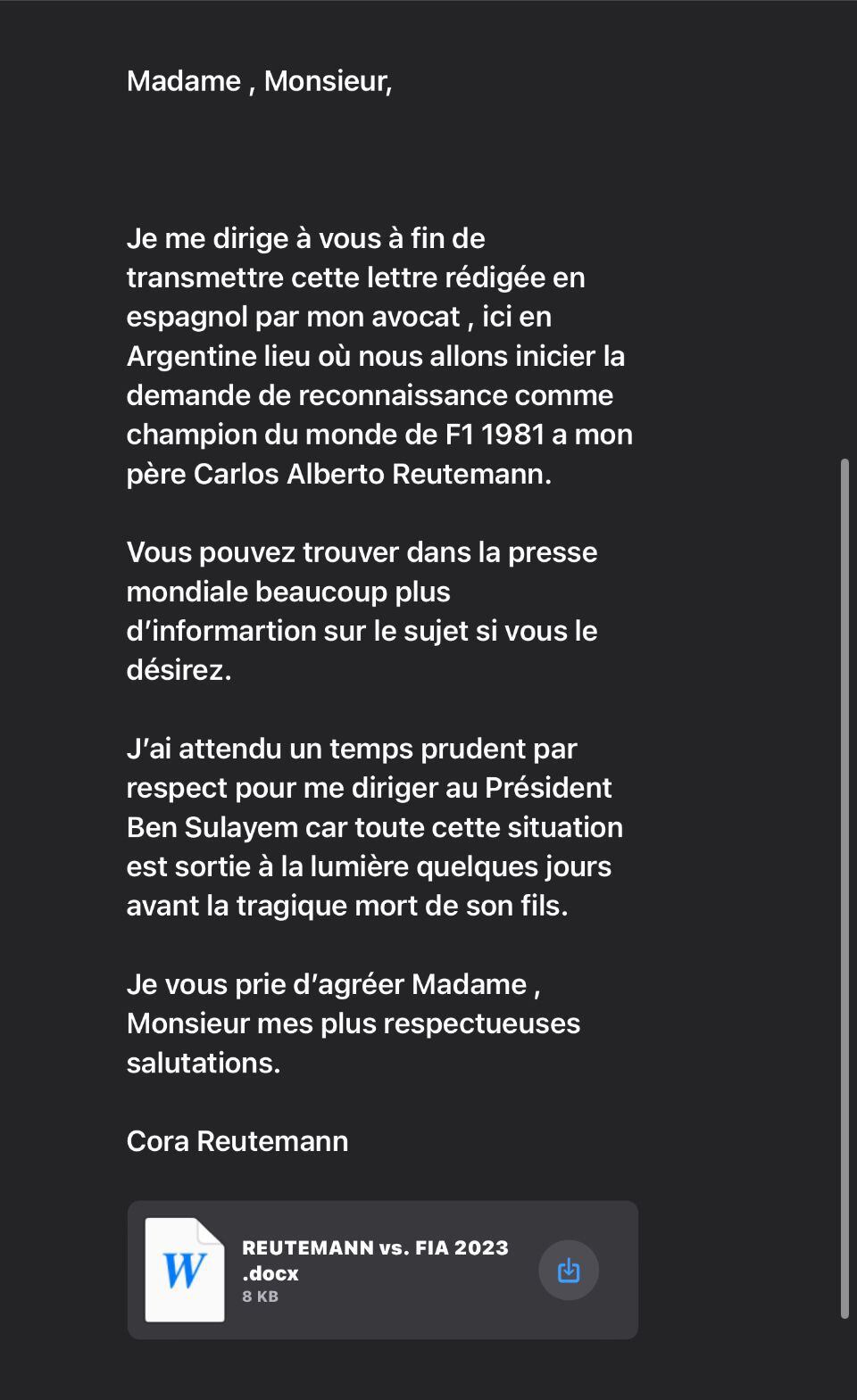 El mail que Cora Reutemann le mandó a la FIA (Crédito: Cora Reutemann)