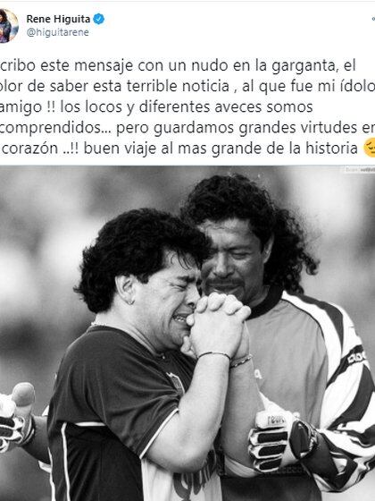 Rene Higuita expresses his condolences for the death of Diego Maradona.