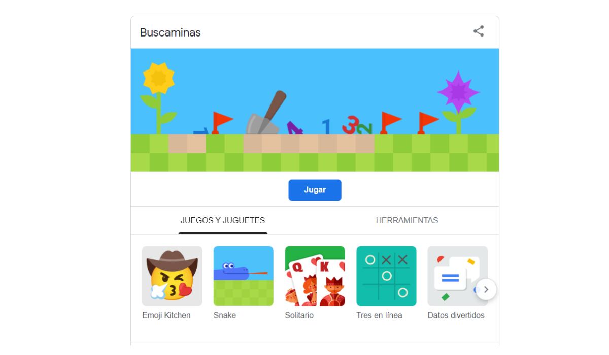 Esta versión del Buscaminas de Google tiene 3 niveles de dificultad. Y al buscarlo también es posible acceder a otros minijuegos de Google. (Google)