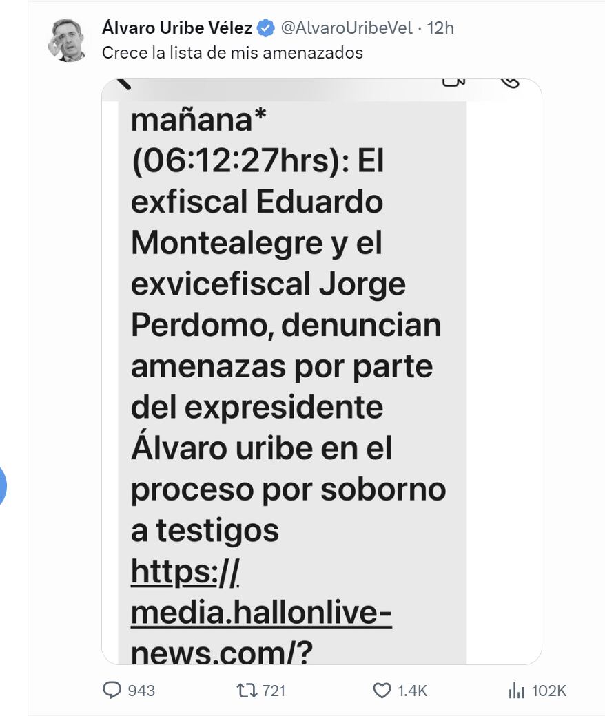 Álvaro Uribe informó que se le está señalando de amenazar a exfiscales - crédito @AlvaroUribeVel/X