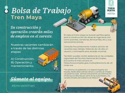 El gobierno mexicano ofrece empleos en la construcción del tren maya (Foto: STPS)