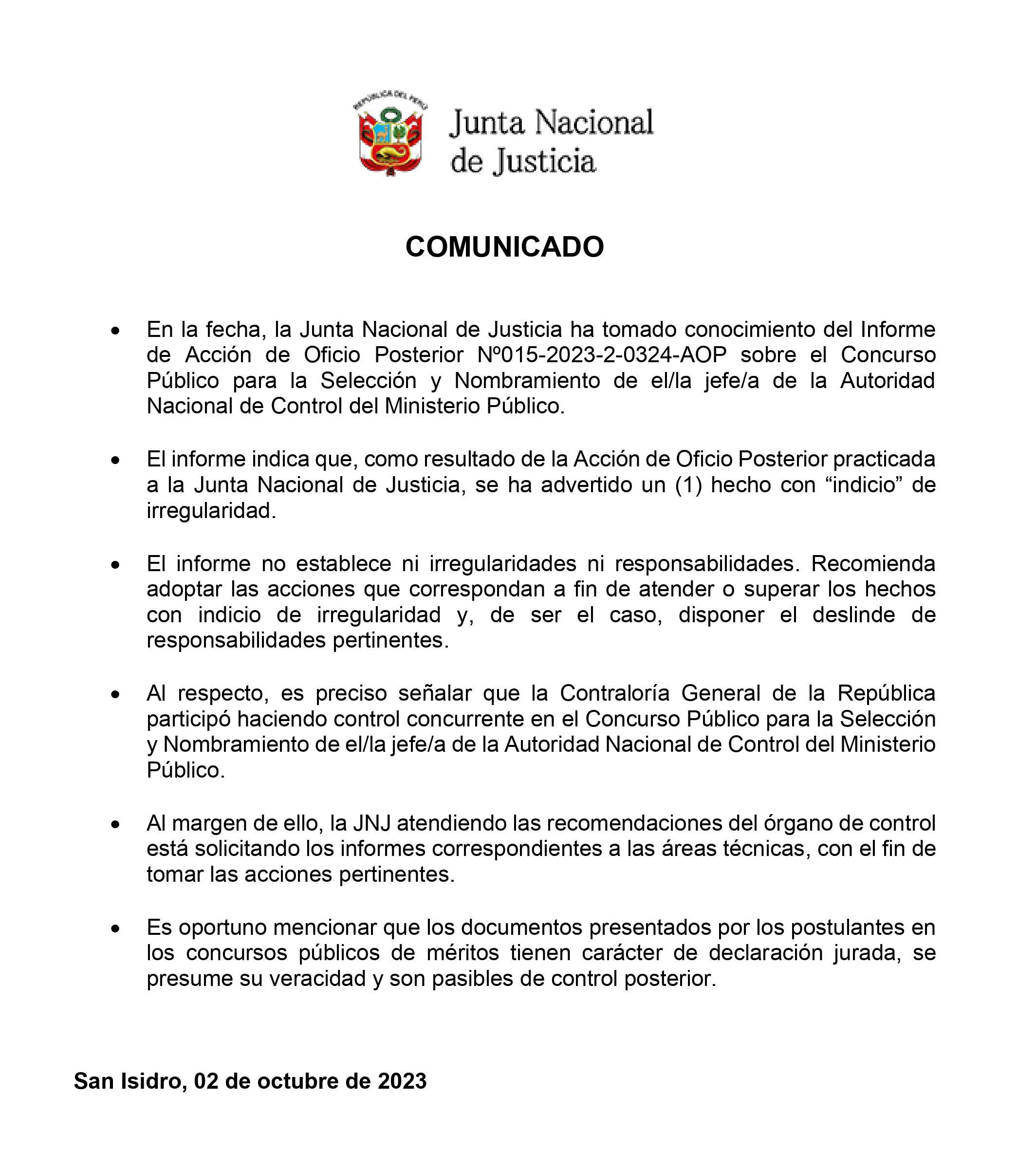 Comunicado de la JNJ tras conocerse presuntas irregularidades en nombramiento de Juan Fernández Jerí. Foto: JNJ