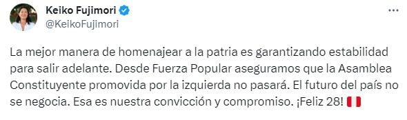 Tuit de Keiko Fujimori contra la Asamblea Constituyente.