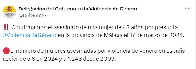 La Delegación del Gobierno contra la Violencia de Género confirma el asesinato de Gracia (@DelGobVG/X)