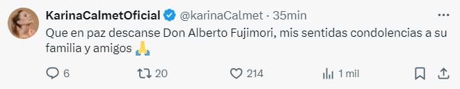 Karina Calmet envía mensaje tras muerte de Fujimori. | X