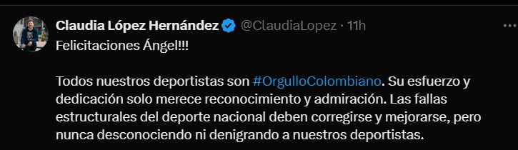 Claudia López felicitó a Barajas por su medalla olímpica - crédito @ClaudiaLopez/X