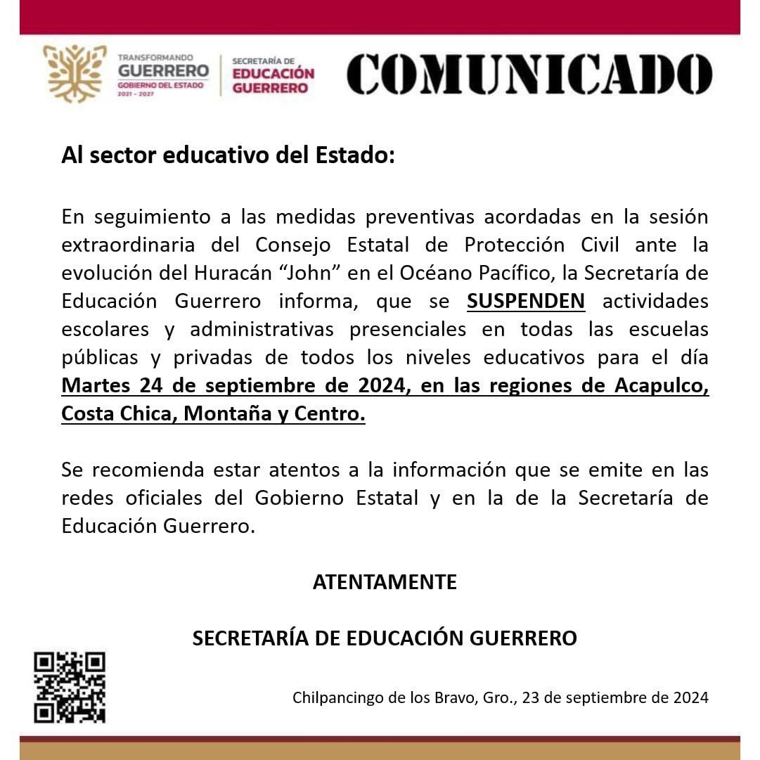 Suspenden clases en Guerrero (X/ @EducGuerrero)