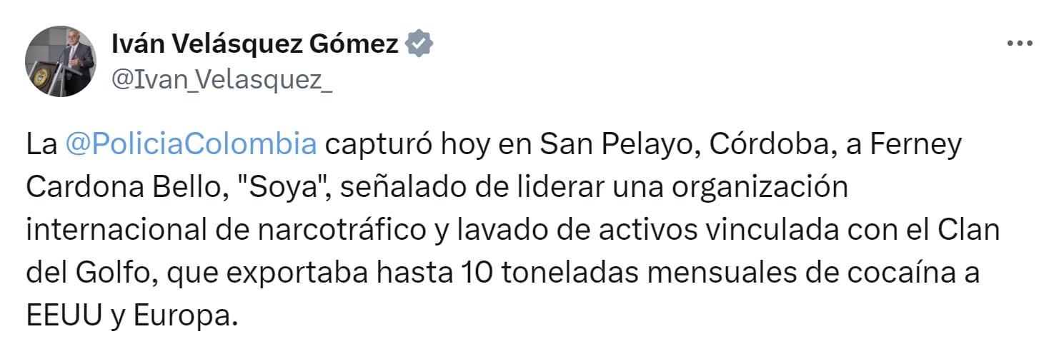 Ministro de Defensa, Iván Velásquez, confirmó la captura de alias Soya - crédito X