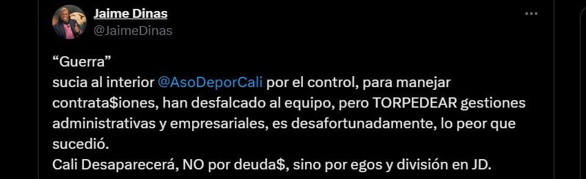 Las decisiones y pronunciamientos de algunos directivos del Deportivo Cali, estarían causando la crisis institucional - crédito @JaimeDinas/X