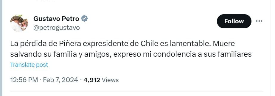 “La pérdida de Piñera expresidente de Chile es lamentable": dijo el jefe de Estado en sus redes sociales - crédito @petrogustavo/X