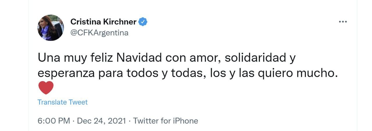 Tuit de Cristina Kirchner por Navidad