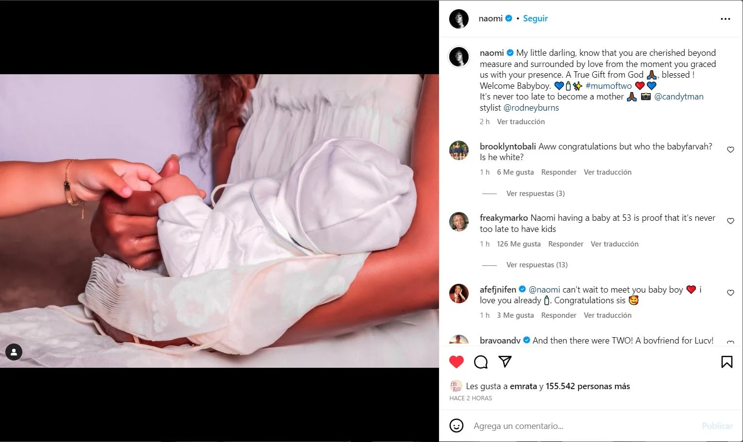 "Nunca es tarde para ser madre", escribió Campbell en sus redes sociales (Foto: Instagram/Naomi Campbell)